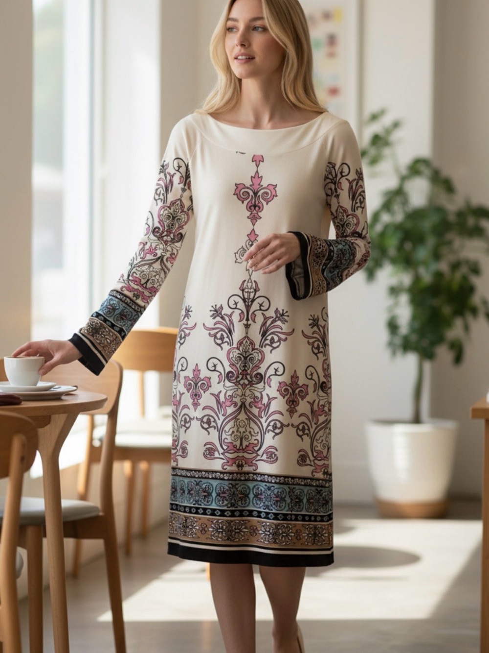 Boston Proper Ornamental Cream Midi Dress